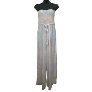 Kiwi + Punch Strapless Pastel Tie-Dye Wide-Leg Rayon Jumpsuit Smocked Bodice Sz